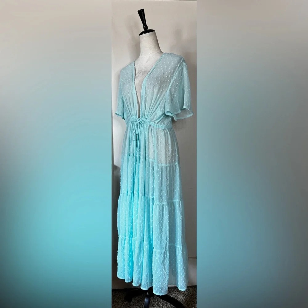 Torrid Baby Blue Robe Retro Polka Dot Lounge Feminine Romantic Chiffon Wedding - Picture 11 of 15
